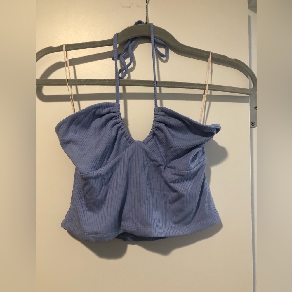 Aritzia Wilfred periwinkle blue halter cropped top